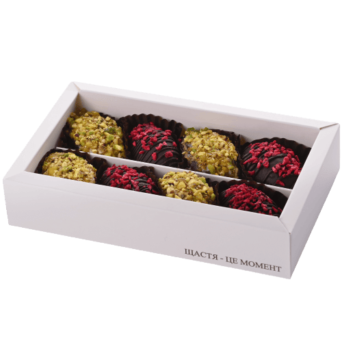 dessert set with chocolate-covered dates and Philadelphia - raspberry crunch, 8pcs
