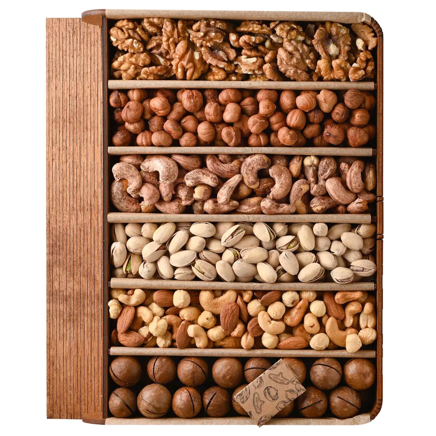 A large gift set of assorted raw and roasted nuts, in a wooden box