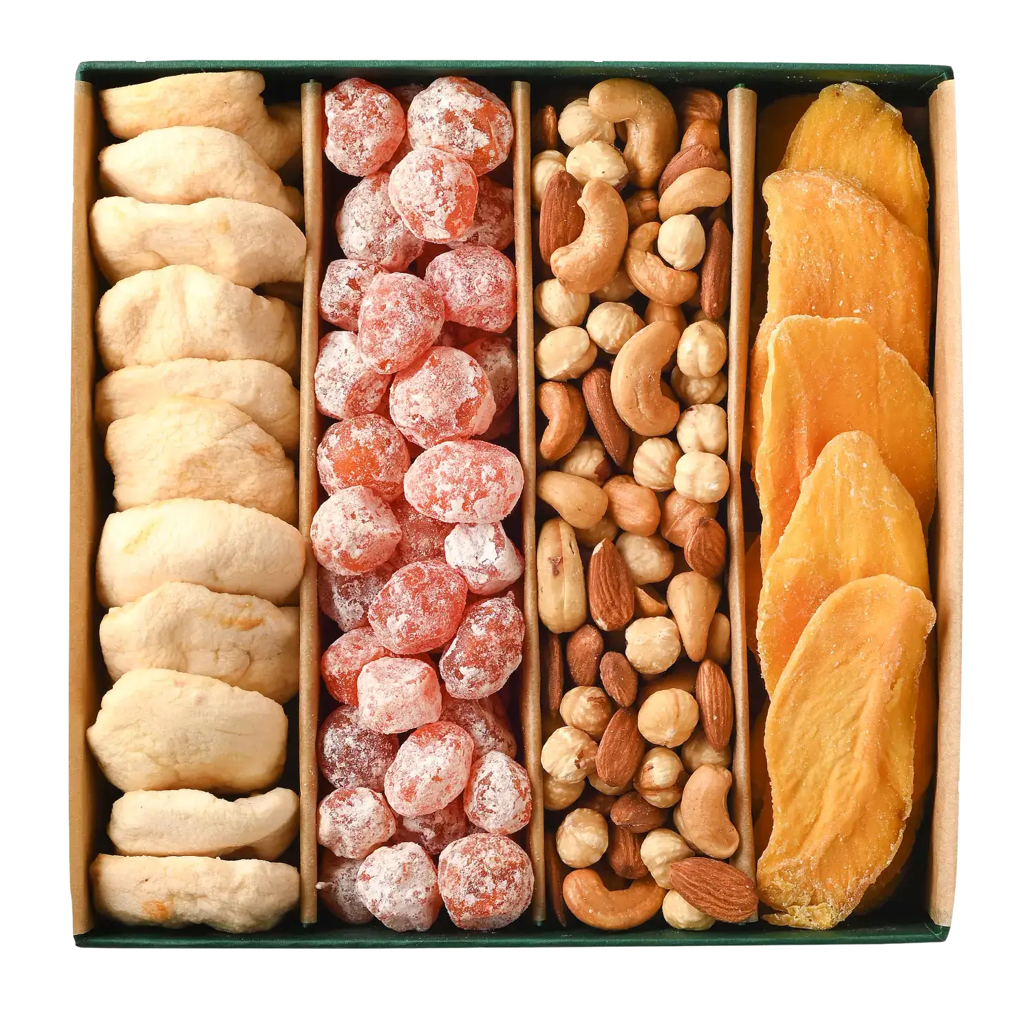 Gift set featuring dried apple, kumquat, and mango, along with a roasted nut mix.