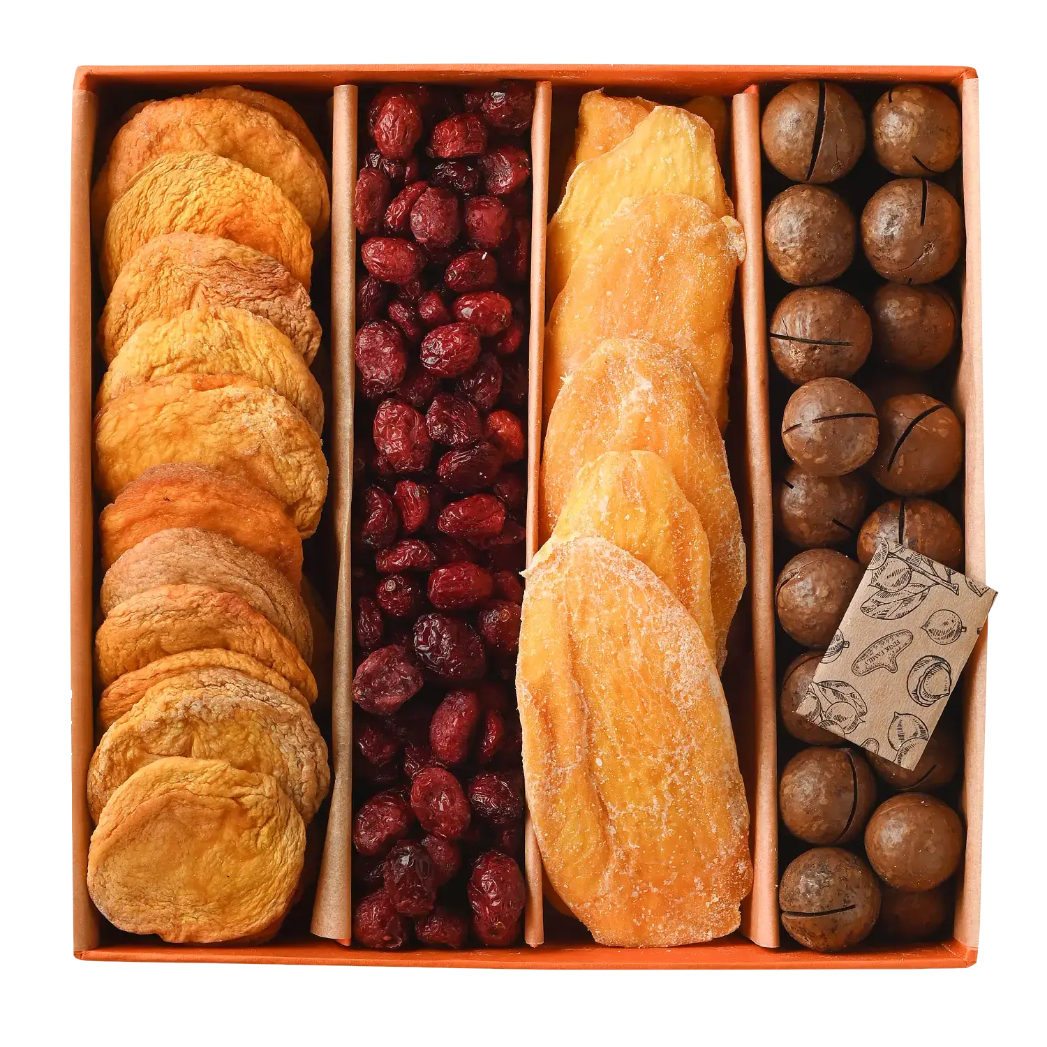 Gift set featuring peach, cranberry, and exotic mango with macadamia nuts in a small orange Classic Mini set