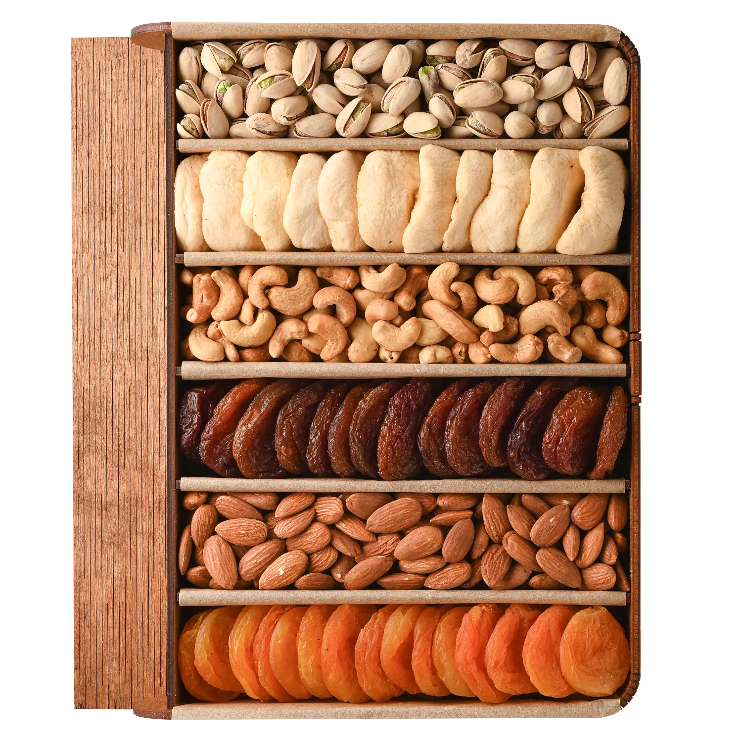 Gift set featuring premium almonds, cashews, and pistachios, presented in a large gift book
