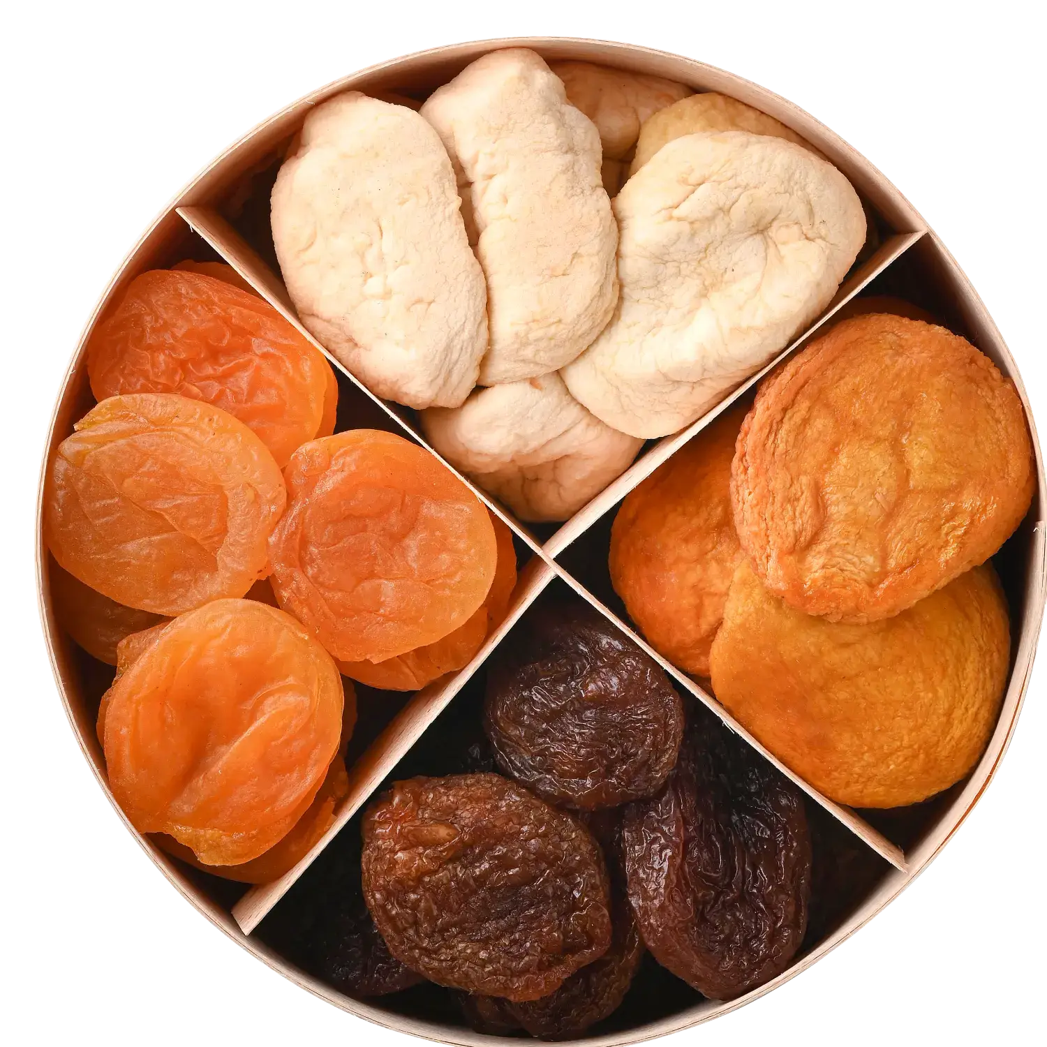 Gift set of dried fruit with plums, apples, peaches, and apricots