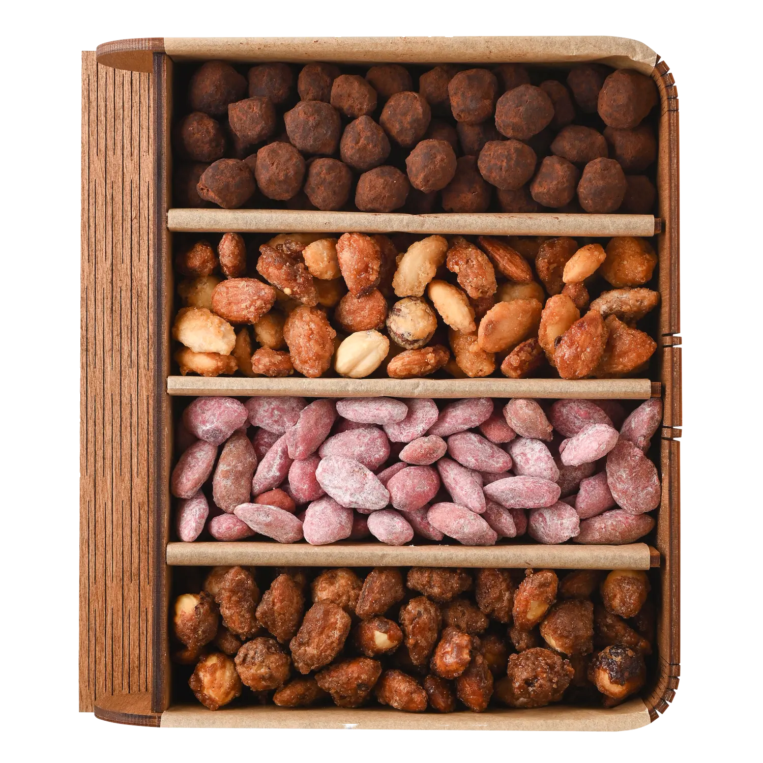 Gift set of spiced roasted nuts in a small wooden book-shaped box