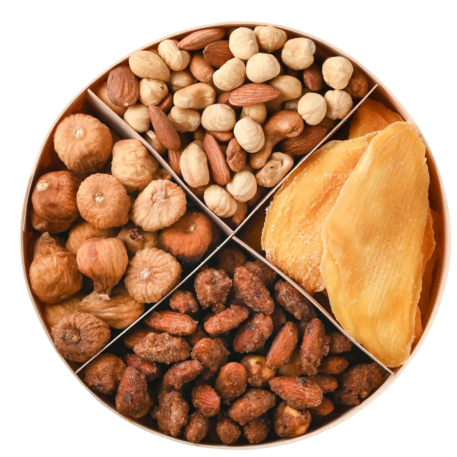Gift set with dried mango and figs, along with roasted nuts, in a round box
