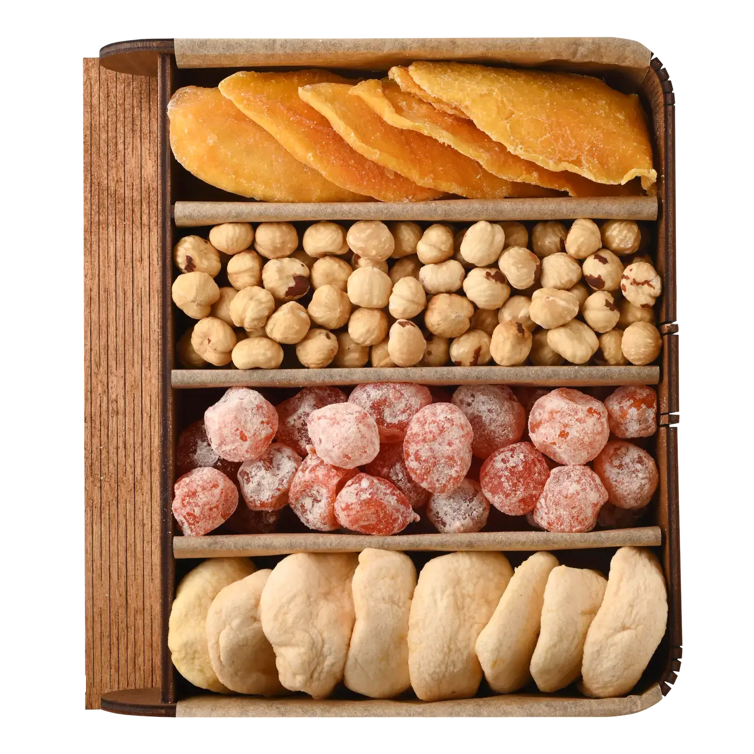 Gift set with mango, hazelnut, kumquat and apple in a wooden mini taste book