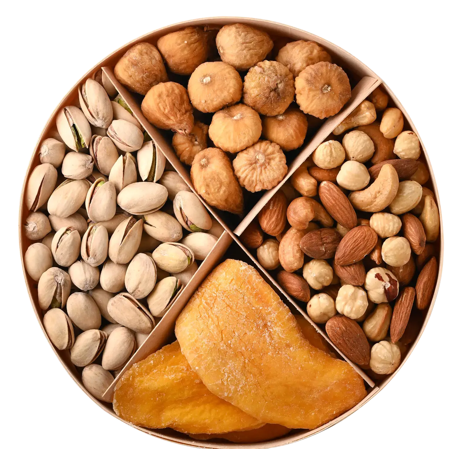 Gift set with pistachios, figs, mangoes, and a nut mix in a round box