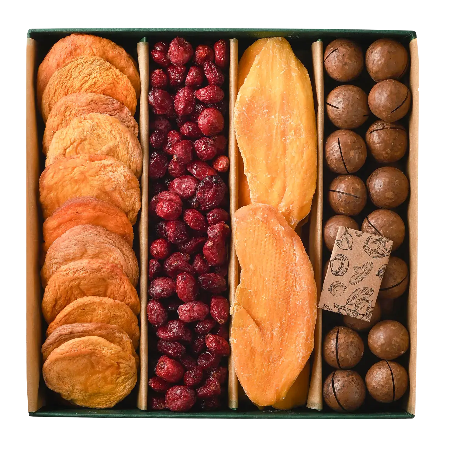 Gift set with premium macadamia nuts, dried cranberries, peach, and mango.