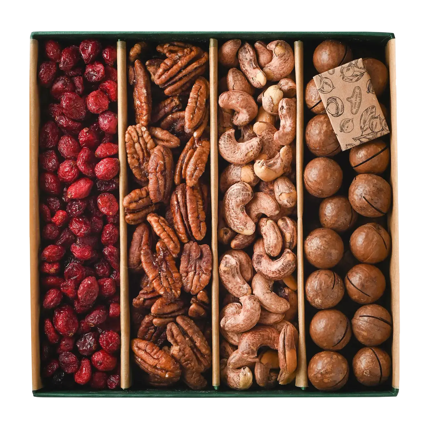 Gift set with roasted pecans and cashews, macadamia nuts, and dried cranberries
