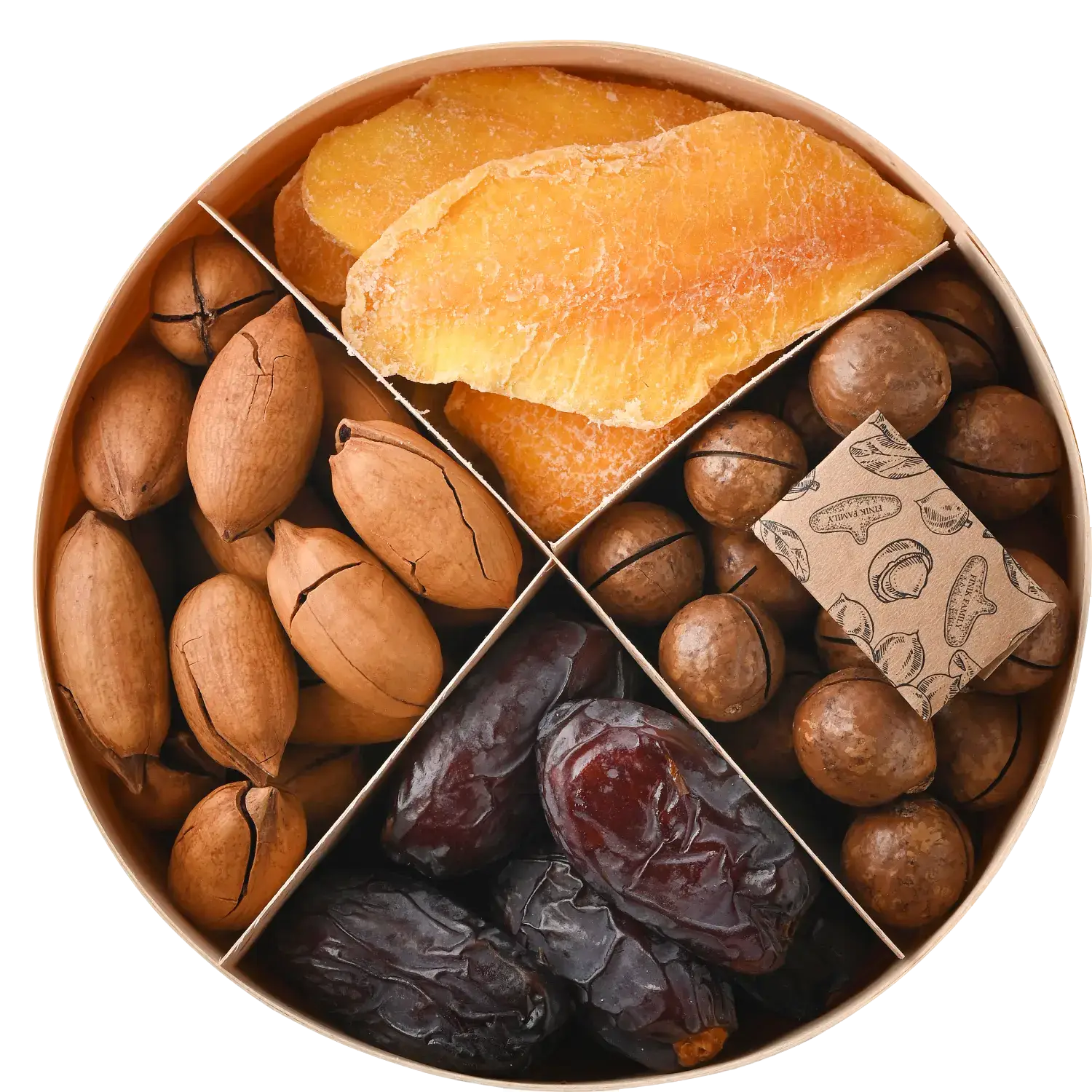 Premium assortment of dates, mangoes, and nuts in their shells in a round package